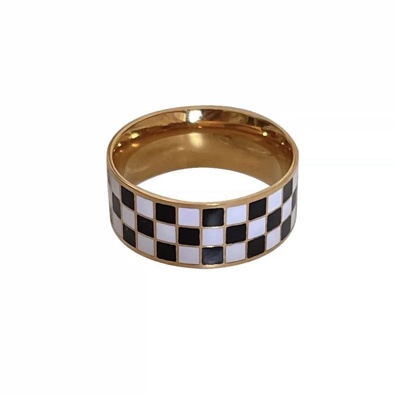 Checkerboard Geometric Ring Alloy Electroplated Black And White Lattice Vintage Stitched Ring For Women Classic Style