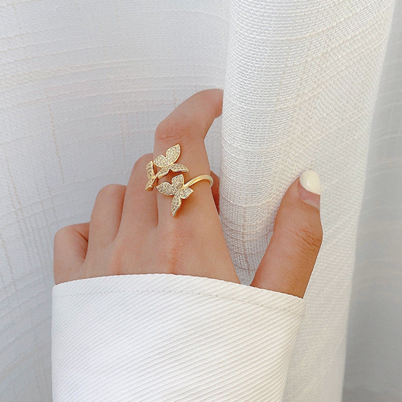 Womens Butterfly Ring Gold Plated Copper Gemstone Floral Design Jewelry Elegant Statement Accessory Korean Style