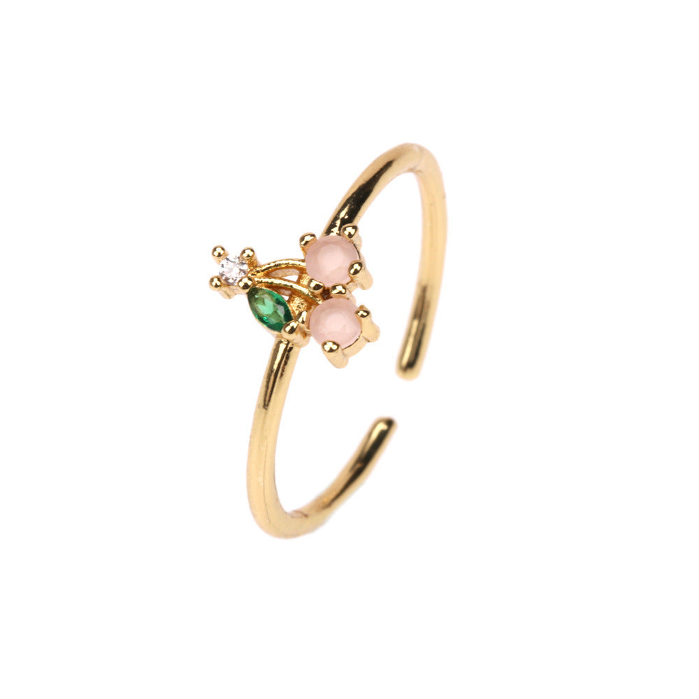 Fruit Zircon Copper Ring for Women Cute Design with Apple Watermelon Cherry Strawberry Grape Pineapple Peach Pine