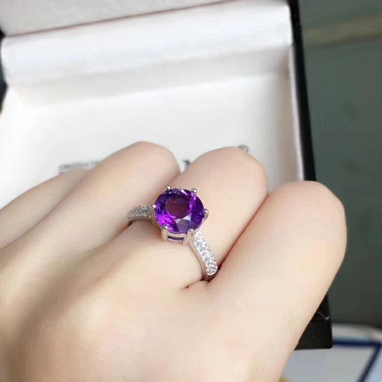 Copper Ring With Deep Amethyst Round Gem Inlay Adjustable Opening European Style Jewelry Elegant Everyday Look