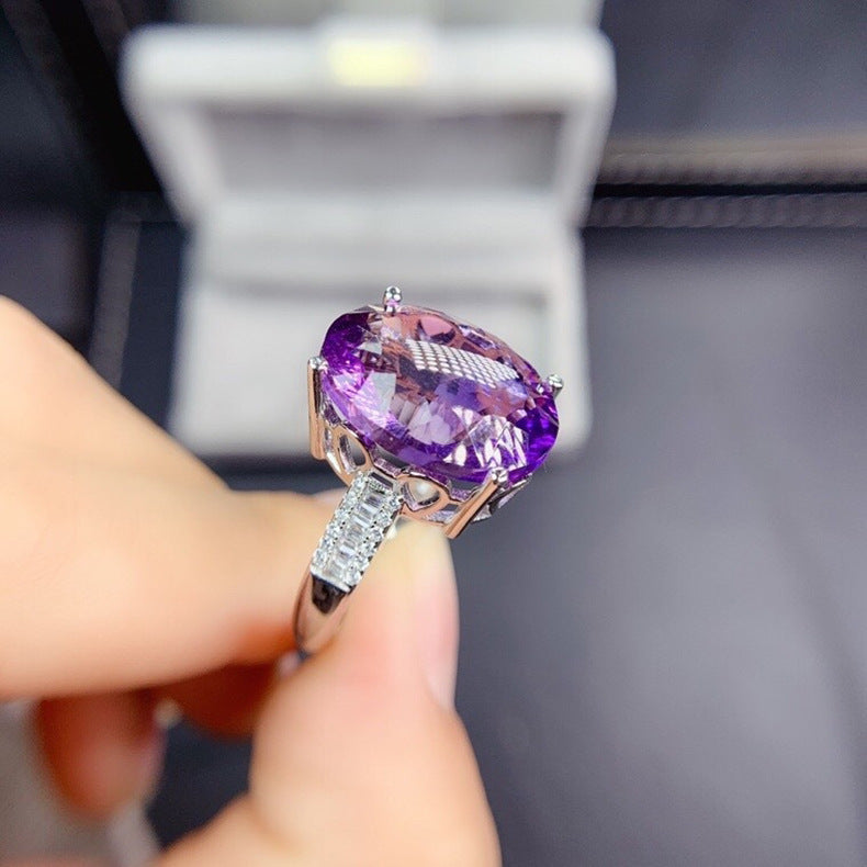 Womens Deep Purple Zircon Amethyst Ring Copper Adjustable Opening Elegant Gemstone Jewelry Enhanced Shine Tone