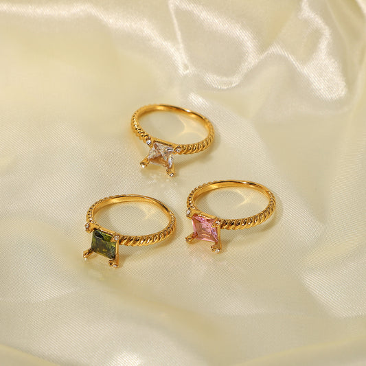 Gold Stainless Steel Ring With White Zirconium Ornaments Square Face Ins Style For Women And Girls Sizes 6 7 8