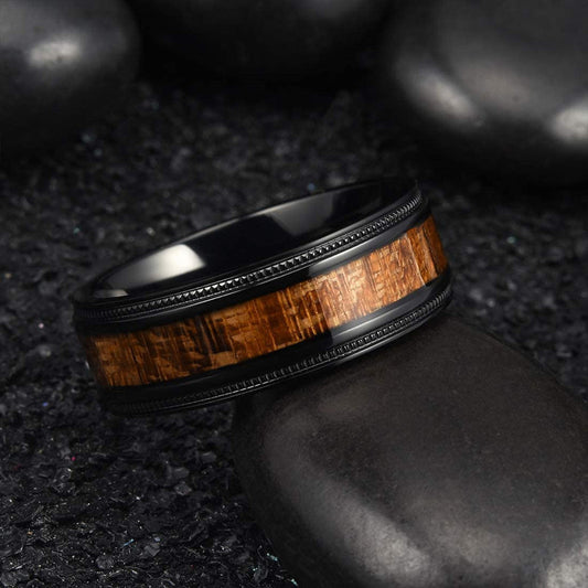 Mens Stainless Steel Ring With Wood Grain Design And Geometric Inlay Black Band Durable Gift For Him Gift Ready
