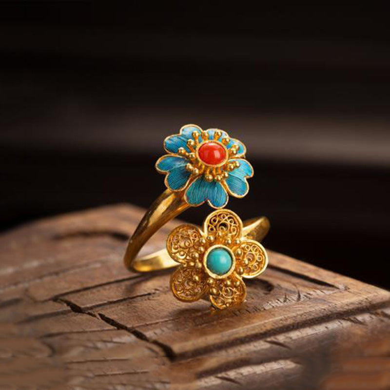 Womens Natural Red Agate Ring with Double Flower Hetian Jade Vintage Court Design Adjustable Opening Fashion Ring National Style Jewelry Gift for Her