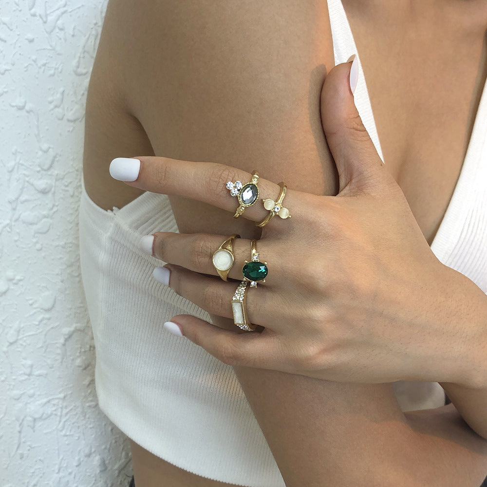 Womens Fashion Ring Set Imitation Diamond Retro Geometric