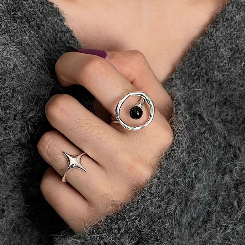 Womens Adjustable Copper Ring With Black Agate Geometric Star Niche Design Fashion Ring Electroplated Finishes