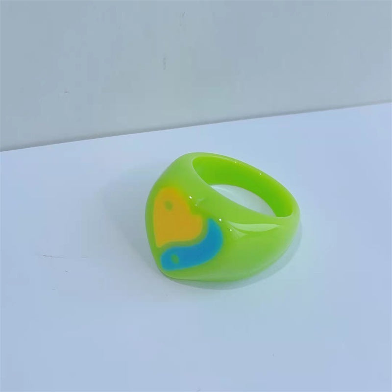 Geometric Resin Ring With Heart Eight Diagrams Design Fashion Ring 17mm Inner Diameter Yellow Red Purple Color