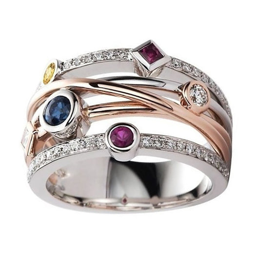 Hip Hop Style Geometric Zircon Ring Gold Plated Copper Inlaid Colorful Zircon Trendy Fashion Jewelry for Men Women