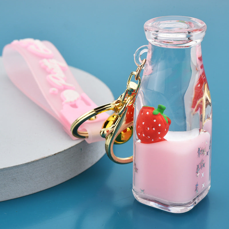 Acrylic Keychain Floating Fruit Yogurt Bottle Design Cute Keyring Creative Accessory Durable Pendant Yellow Pink