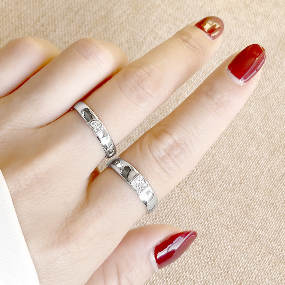 Couple Rings 925 Sterling Silver Heart Shaped Matching Bands European Design Gemstone Inlay Anniversary Couple