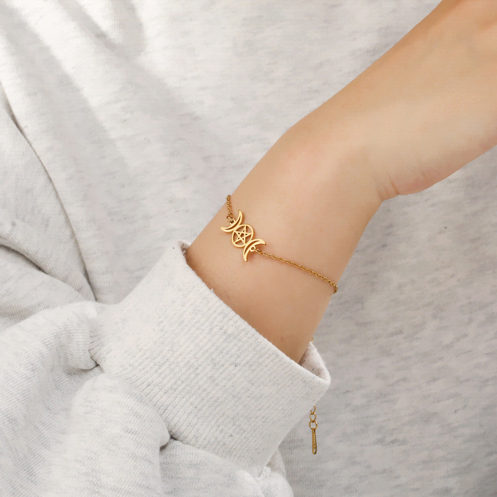 Unisex Titanium Steel Bracelet Double Crescent Pentagram Star Design Jewelry Gift for Men or Women Electroplated Finish