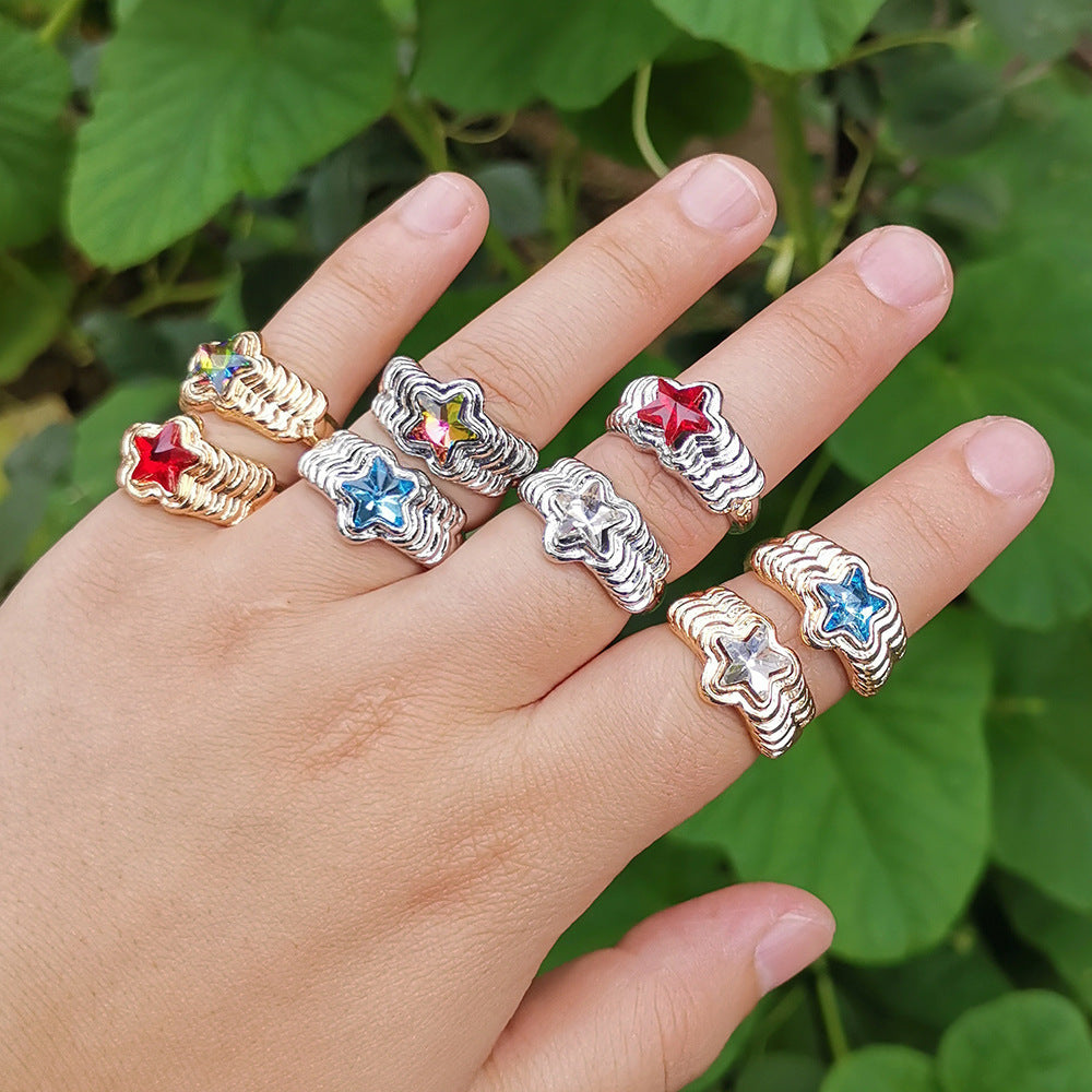 Womens Geometric Star Ring Alloy Metal Fashion Ring Retro Inlaid Star Design Electroplated Cold Wind Ring Ring