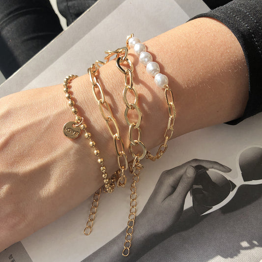 Womens Alloy Bracelet With Imitation Pearl Geometric Design Exaggerated Fashion Jewelry Bracelet For Daily Use