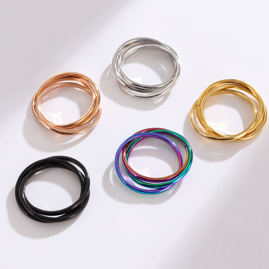 Womens Stainless Steel Rotating Trinity Ring Electroplated Geometric Band With Round Elements Anniversary Promise Ring
