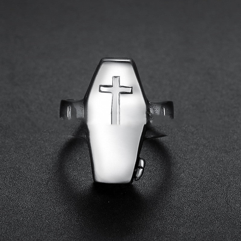 Mens Retro Zombie Coffin Ring Gothic Cross Stainless Steel