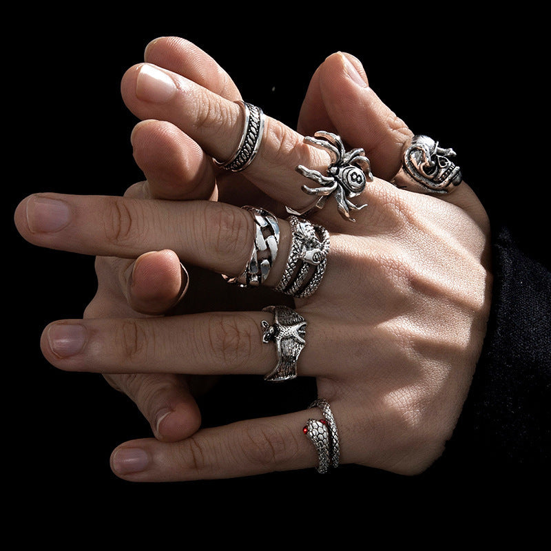 Mens Vintage Ring Set Darker Wind Alloy Rings With Distressed Bat Skull And Double Headed Snakes Design Gothic