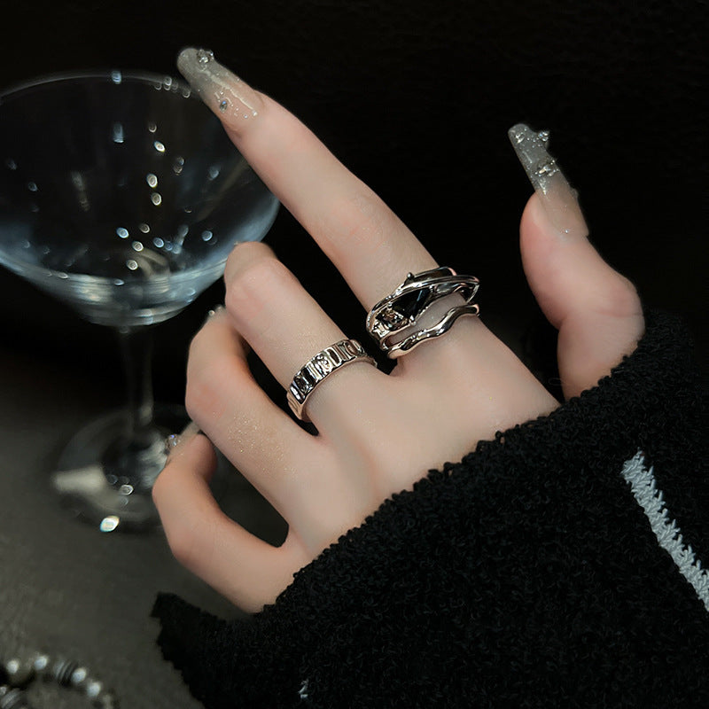 Geometric Metal Ring Set With Black Crystal Accents Stylish Line Design For Women And Girls Two Piece Ring Set