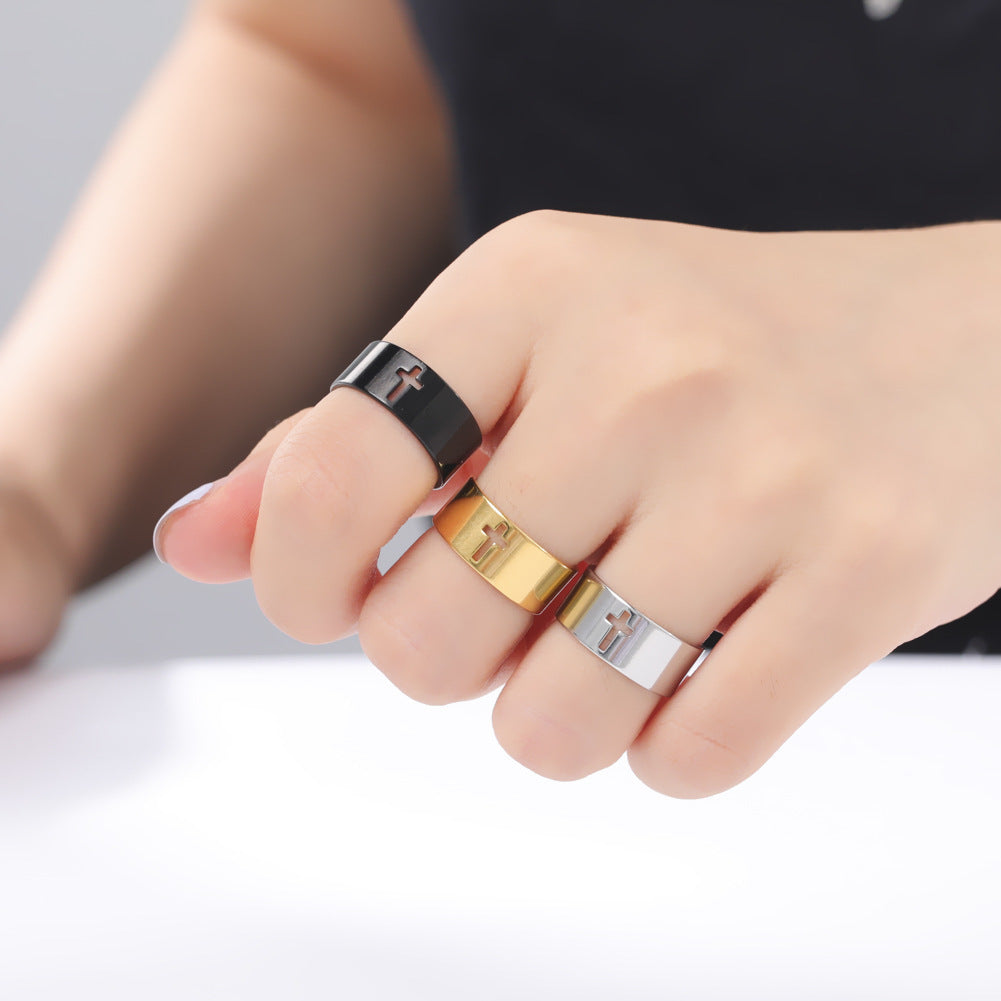Unisex Hollow Cross Stainless Steel Ring Electroplated