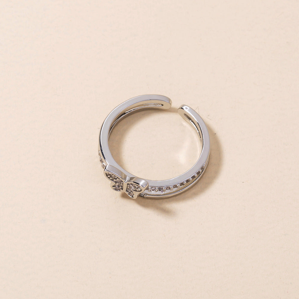 Copper Zircon Butterfly Ring Adjustable Geometric Design
