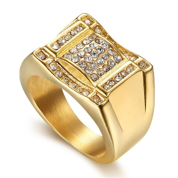 Mens Titanium Steel Ring Gold Electroplated Ring With Inlaid Diamonds Band Ring Gift For Festivals Gift Tip Him