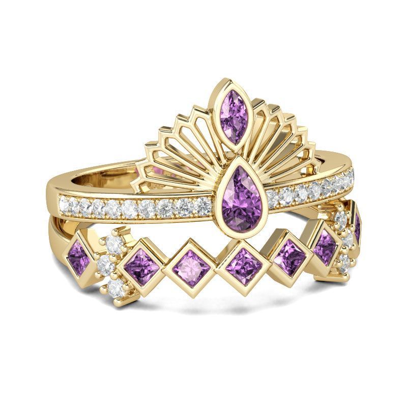 Gold Plated Purple Diamond Crown Ring For Women Inlaid Alloy Engagement Wedding Jewelry Sparkling Crown Ring For Her