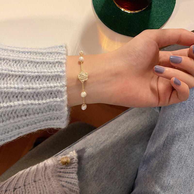 Womens Flower Bracelet Alloy Electroplated Camellia With Pearls Delicate Fashion Jewelry For Elegant Occasions