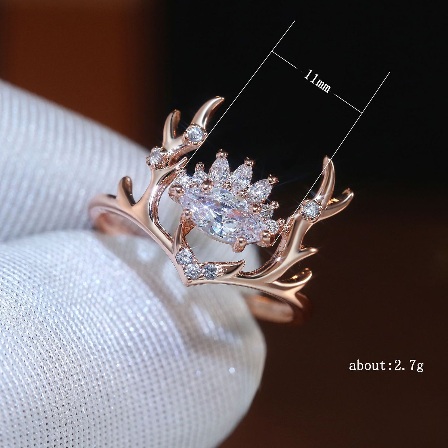 Elk Antler Ring Animal Design With Zircon Inlay Gold Plated Rose Gold Copper Ring For Women Size 6 7 8 9 10 No