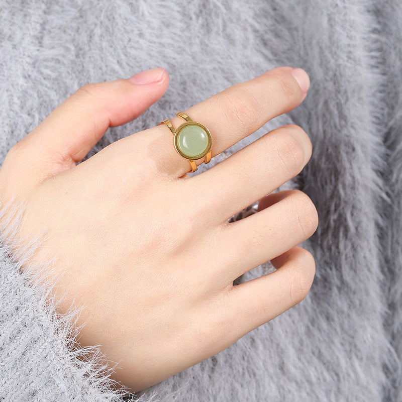 Gold Tone Stone Ring Open Adjustable Titanium Steel Jewelry
