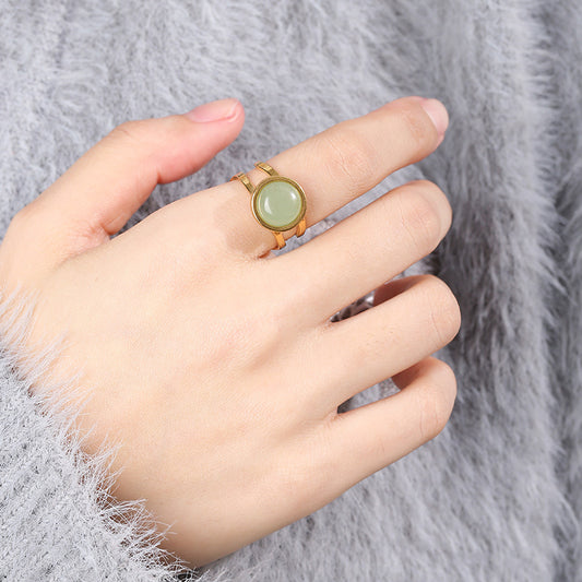 Gold Tone Stone Ring Open Adjustable Titanium Steel Jewelry