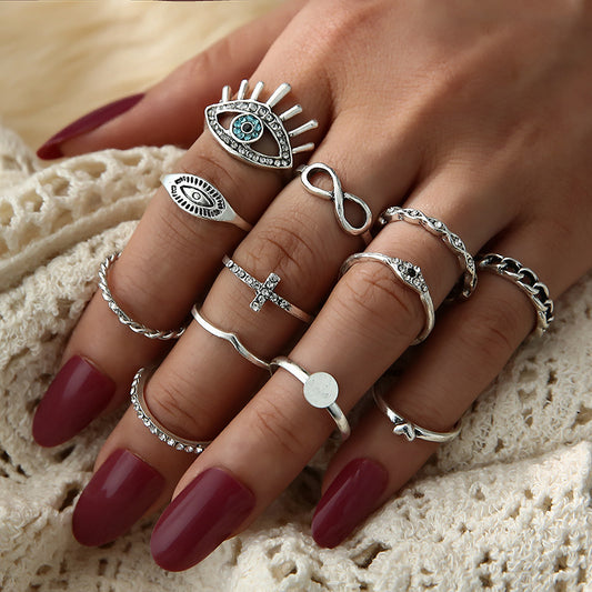 Gold Plated Geometric Rings Set with Rhinestone Cross and Figure Eight Alloy Rings for Women Elegant Chic Look