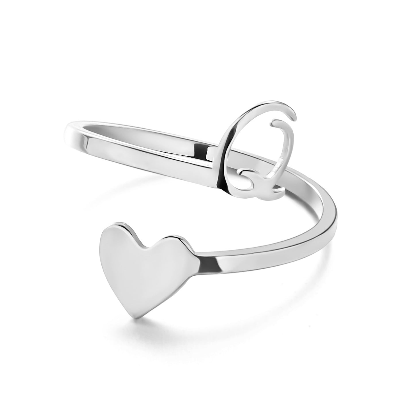 Womens Initial Letter Ring Adjustable Stainless Steel Heart Design 3D Open Heart Electroplated Fashionable Chic