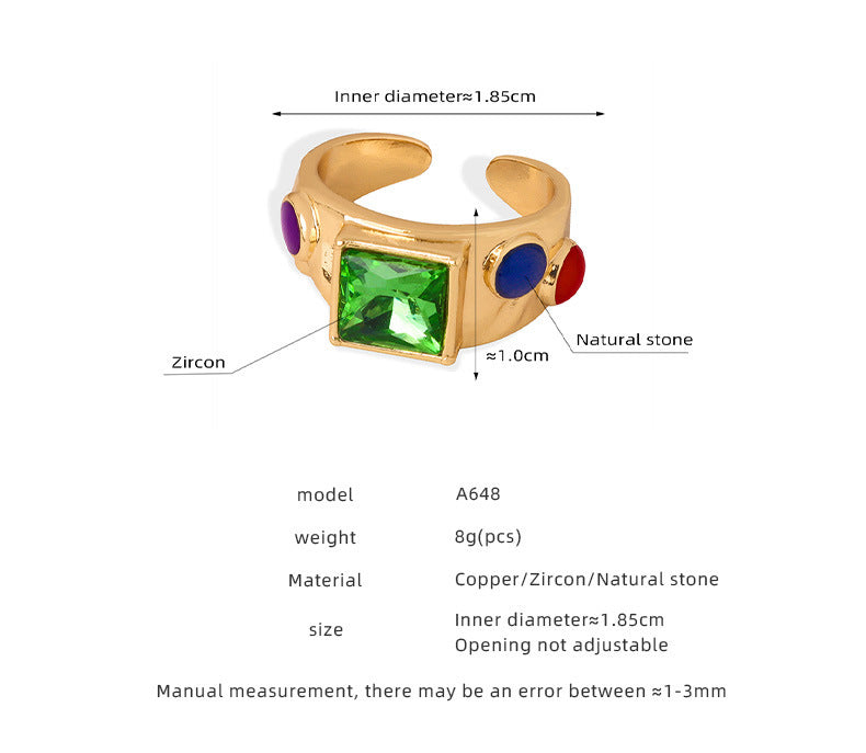 Women's Open Ring Natural Stone Ornament with White Zircon Beccarite Gold Copper Quadrilateral Geometry Element Ring Jewelry Gift for Her