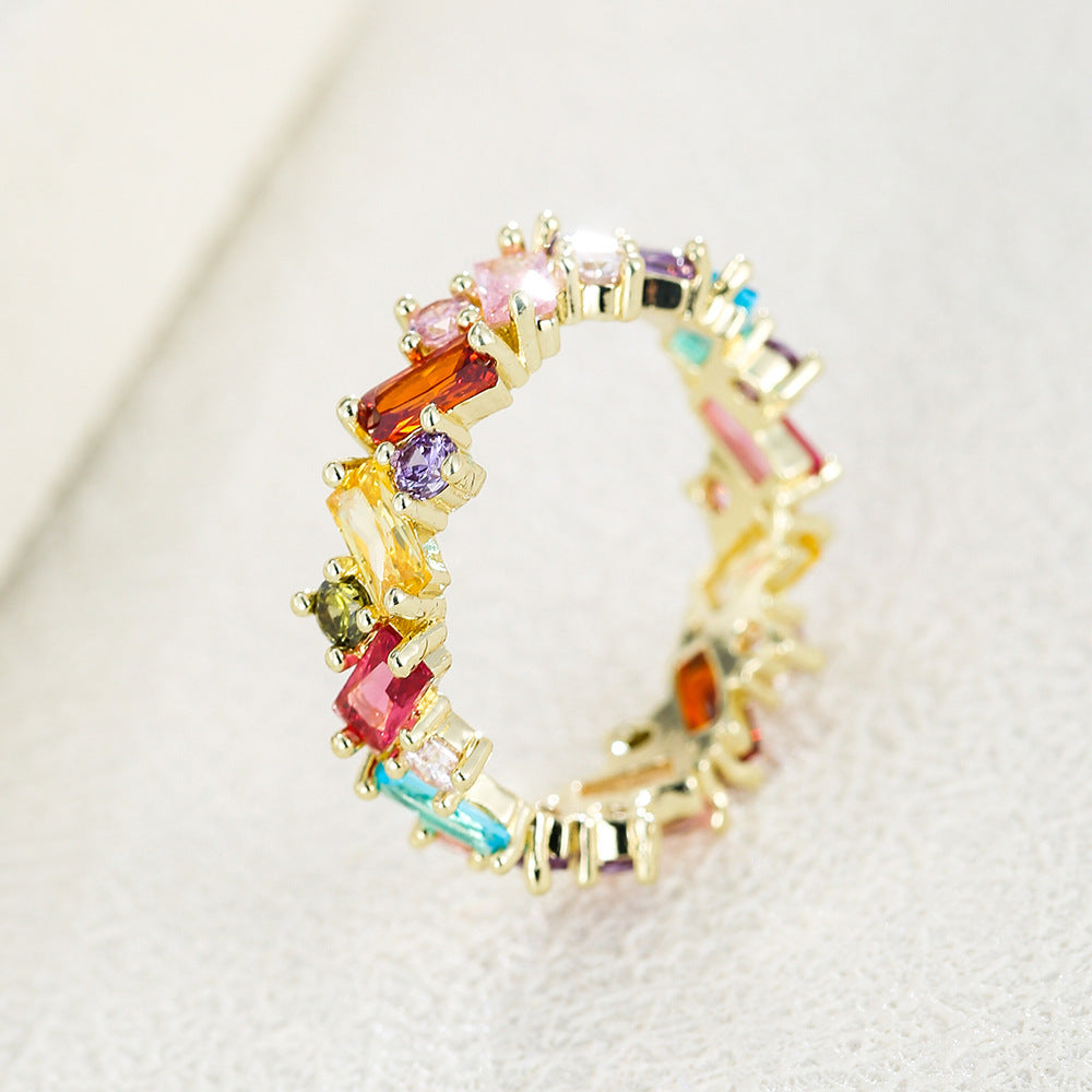 Unisex Irregular Rainbow Zircon Ring Geometric Copper Band Gold Tone Finish For Everyday Wear Sleek Modern Jewelry Gift