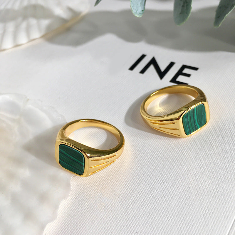 Womens Green Malachite Ring Brass Gold European Retro Design Statement Jewellery For Women Party Fashion Rings