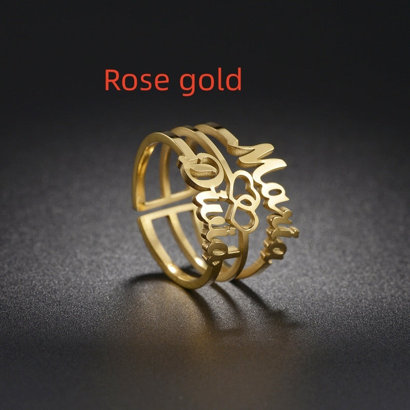 Personalized Ring Three Layer Stainless Steel Engraved Name Letters Numbers Geometric Shape Ring Steel Gold Rose Gold
