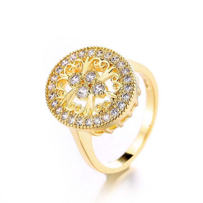Womens Ring Gold Plated Copper Ring Sparkling Zircon Hollow Flower Design European Ring Wedding Jewelry Golden