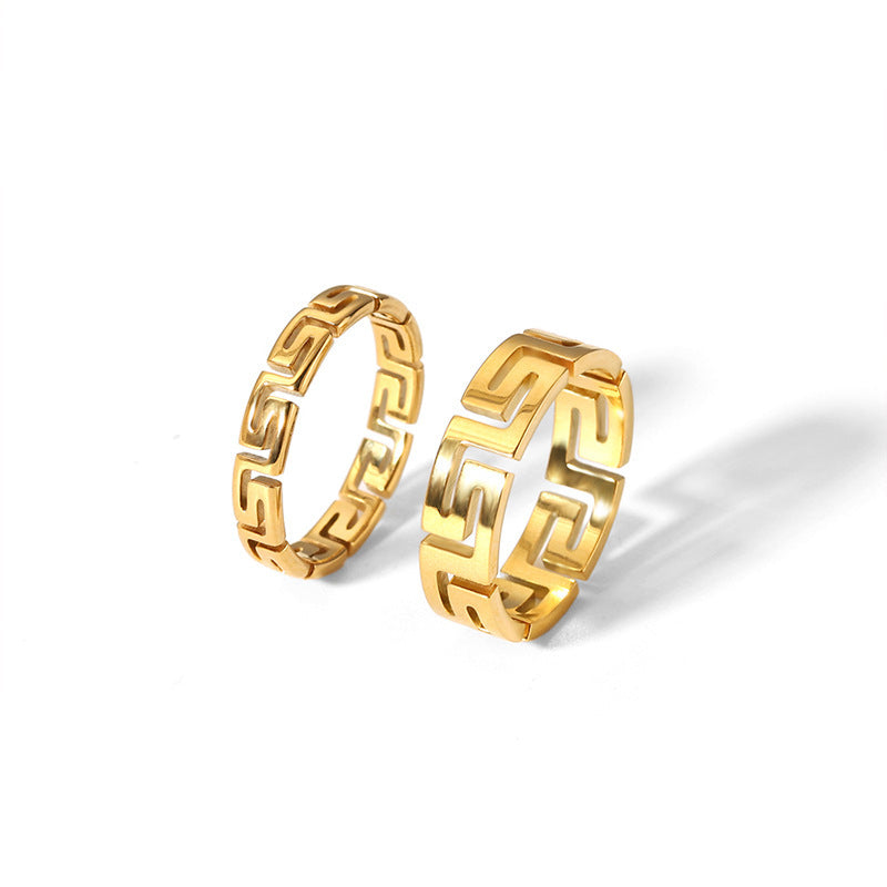 Unisex Stainless Steel Geometric Hollow Ring With Great Wall Pattern PVD Gold Plated Finish For Everyday Wear Jewelry