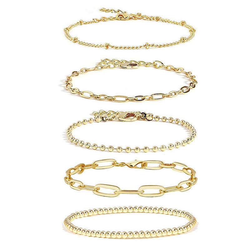 Womens Alloy Bracelet Set Multi Layer Bead Ball Chain And Cross Back Chain Fashion Jewelry 5 Piece Gold Tone Finish