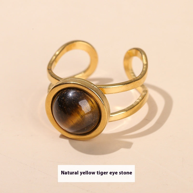Gold Tone Stone Ring Open Adjustable Titanium Steel Jewelry