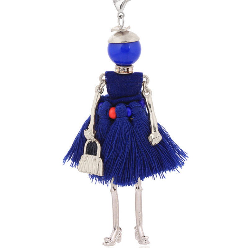 Womens Doll Pendant Long Necklace With Diamond Accent Alloy Fabric Sweater Chain 76cm Extended Fashion Jewelry