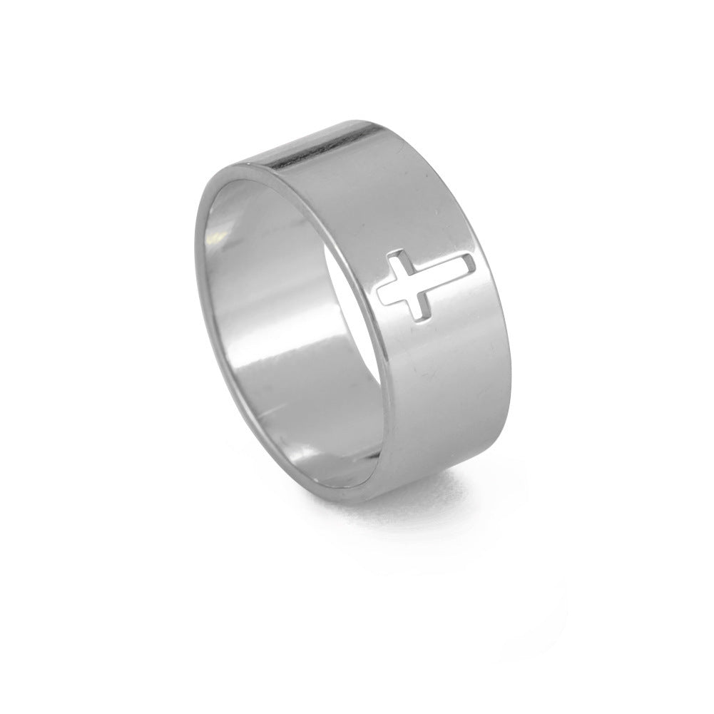 Unisex Hollow Cross Stainless Steel Ring Electroplated