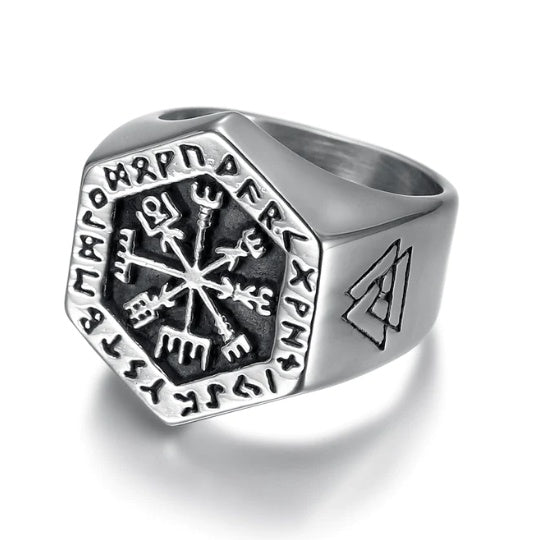 Handcrafted Stainless Steel Ring Hexagonal Vegvisir Ring and Valknut Rune Ring Fashion Statement Ring for Women High Polish Retro Black Finish