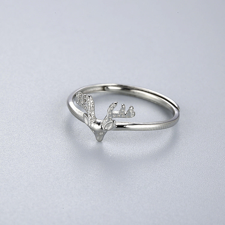 Womens Sterling Silver Antler Ring Adjustable Opening Elk Animal Zodiac Electroplated Ring Nano Anti Oxidation Protection Jewelry Gift For Her Single Ring