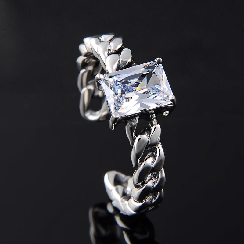 Adjustable Silver Ring For Women With Square Zircon Inlaid Retro Geometric Quadrilateral Design S925 Accessory
