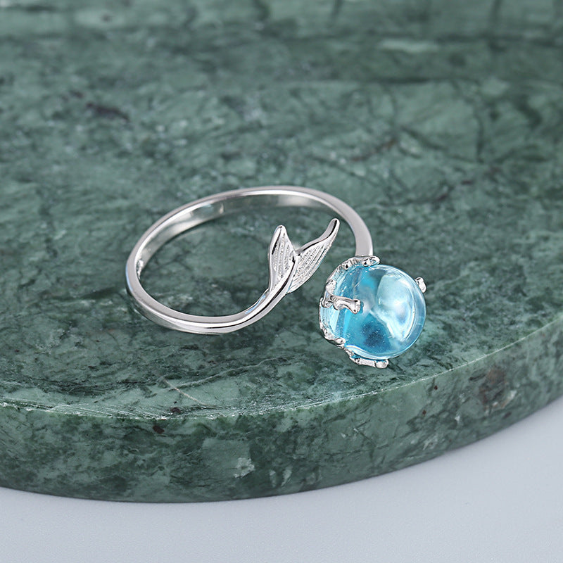 Womens Sterling Silver Mermaid Ring Adjustable Korean U Shaped Open Band White Gold Plated Fashion Chic Styles