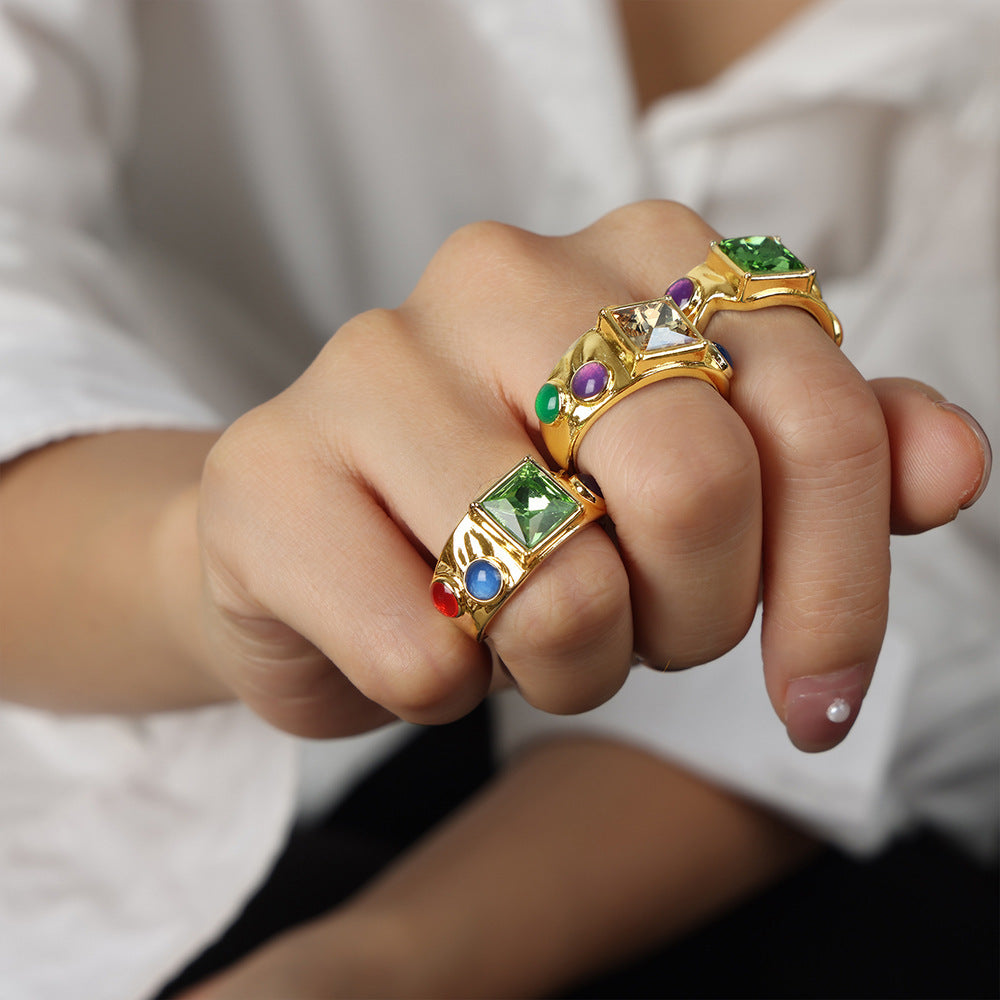 Women's Open Ring Natural Stone Ornament with White Zircon Beccarite Gold Copper Quadrilateral Geometry Element Ring Jewelry Gift for Her