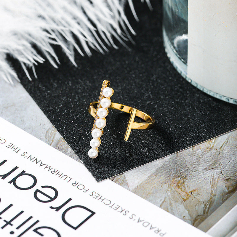 Gold Plated Ring With Zircon And Pearl Hollow Square Geometric Design Jewelry Accessory For Women Korean Style Fashion