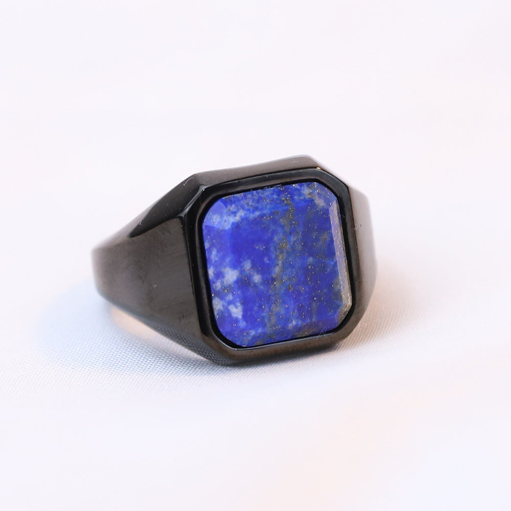 Unisex Titanium Steel Ring with Geometric Square Lapis Inlay Retro Stainless Steel Statement Ring Gift for Him or Her Fashion Jewelry Accessories