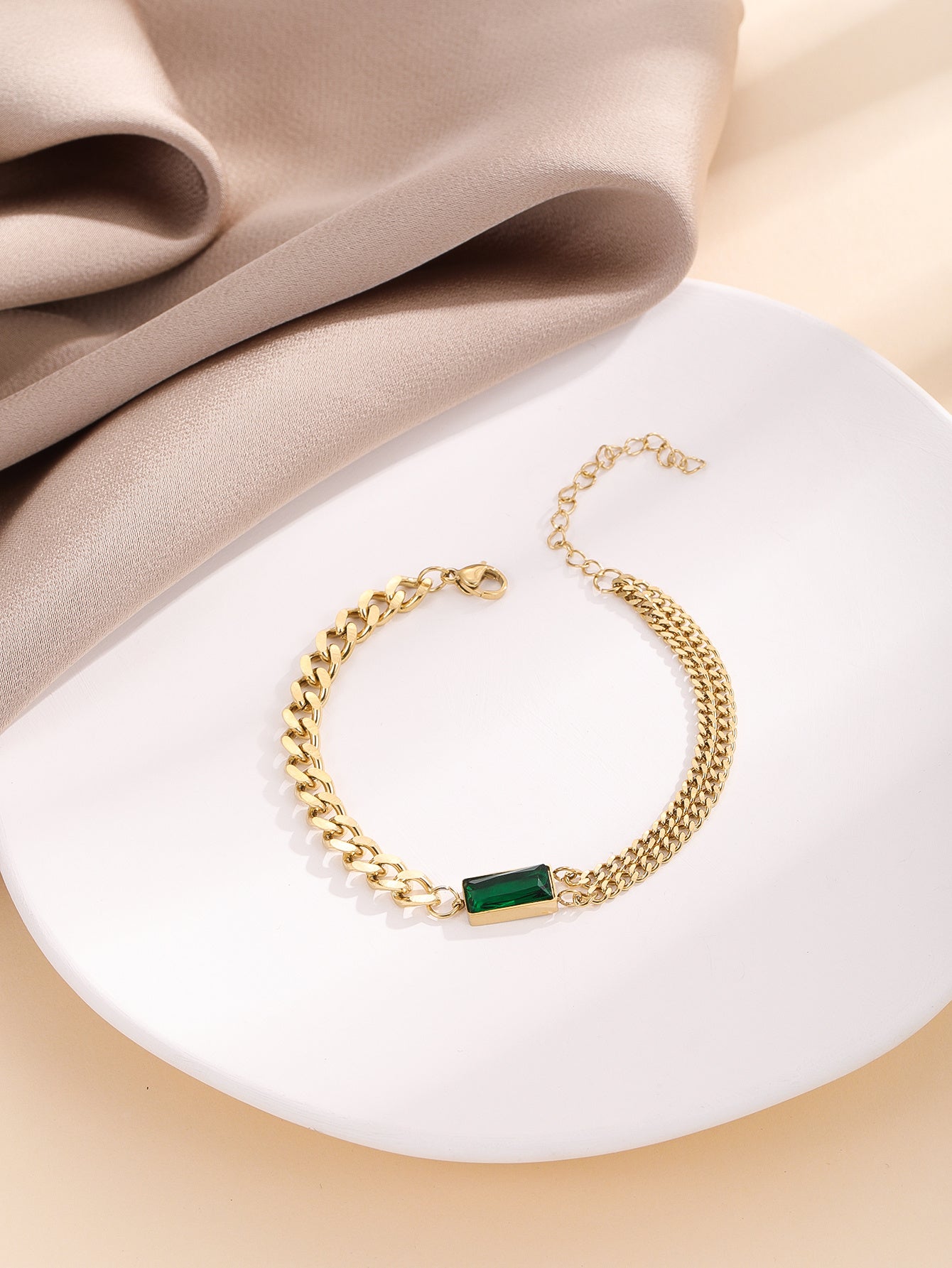 Geometric Copper Bracelet Emerald Green Zircon Metal Chain Thick Link Jewelry For Womens Fashion Accessory Top