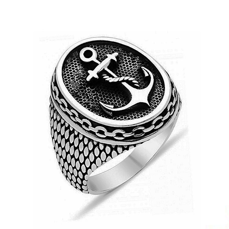 Mens Vintage Titanium Steel Anchor Ring Polished Silver Retro Punk European American Fashion Jewelry Vintage Look
